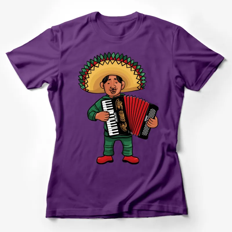 Bright Mexican Fiesta Accordion Player T-Shirt, Traditional Sombrero and Serape Print, Unisex Adult and Kids Sizes Female T-Shirt