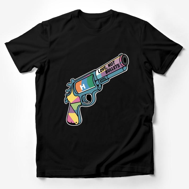 Colorful Love Not Bullets Graphic Tee, Unisex T-Shirt with Peaceful Message, Vibrant Streetwear, Comfortable Cotton Tee Male T-Shirt