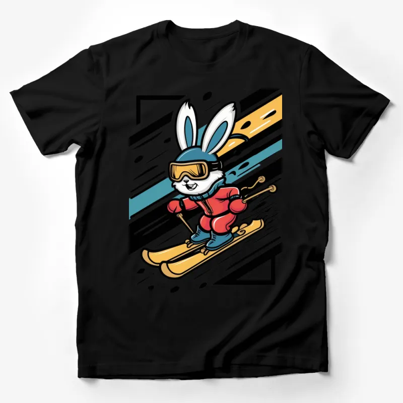 Cool Skiing Bunny Cartoon Graphic T-Shirt, Sporty Rabbit Skier, Fun Winter Apparel, Unisex Tee Male T-Shirt