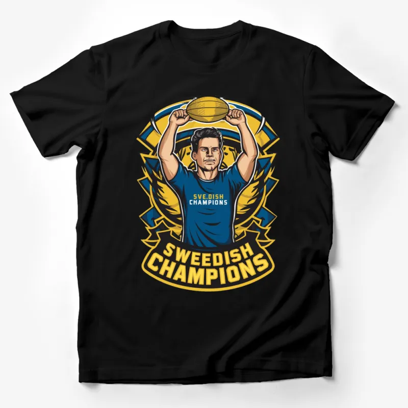 Swedish Champions Graphic T-Shirt, Athletic Man Lifting Trophy, Bold Yellow and Blue Design Male T-Shirt