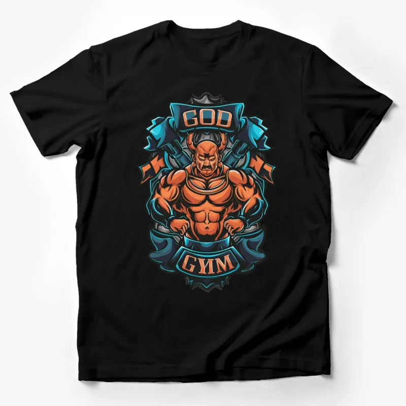 God Gym Graphic T-Shirt, Bold Muscular Character Design, Fitness Inspiration, Workout Motivation Tee, Unisex Male T-Shirt