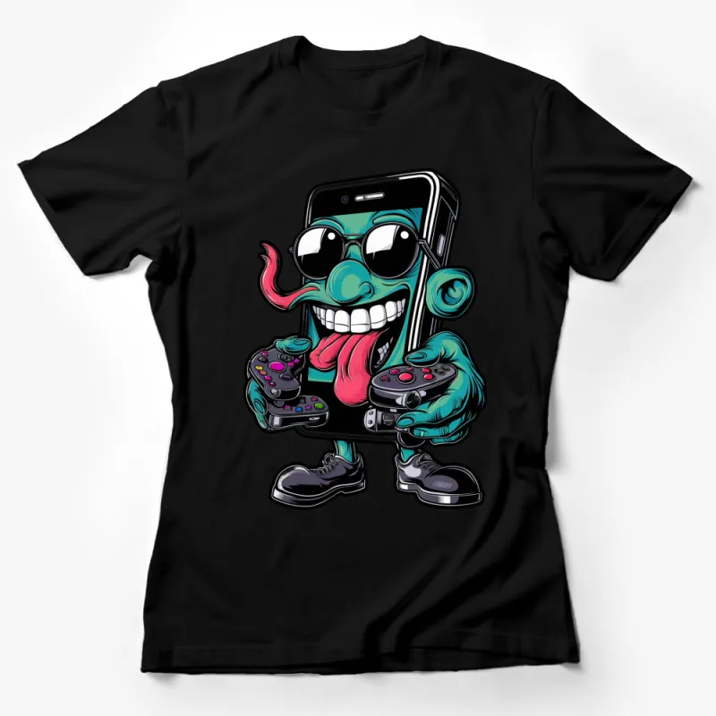 Cartoon Smartphone Gamer T-Shirt, Funny Phone Character Tee, Video Game Lover Gift, Tech Geek Apparel Female T-Shirt