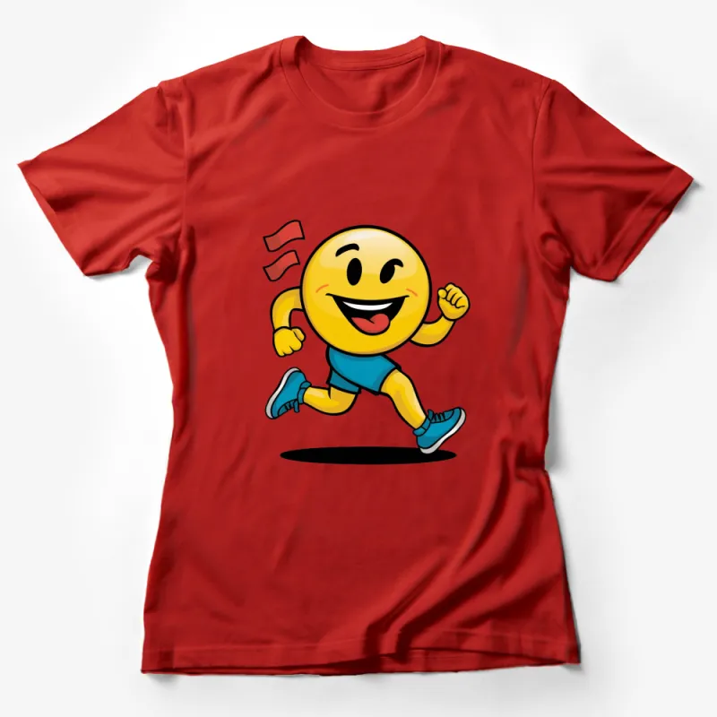 Fun Running Emoji Graphic T-Shirt, Yellow Smiley Face with Flag, Unisex Female T-Shirt