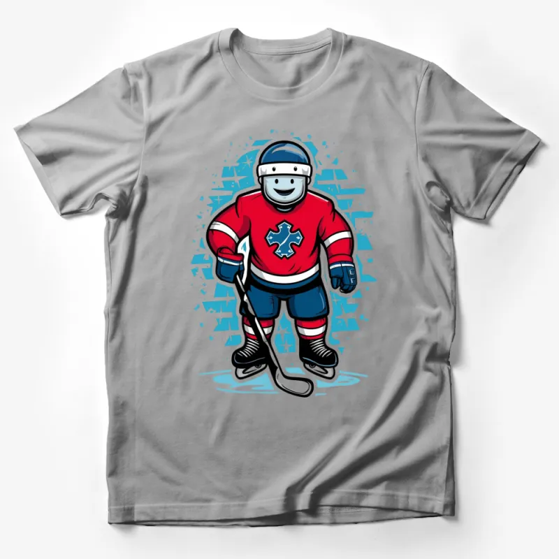 Cartoon Hockey Player T-Shirt, Kids Sports Tee, Red and Blue, Youth Athletic Apparel, Gift for Sports Lovers Male T-Shirt