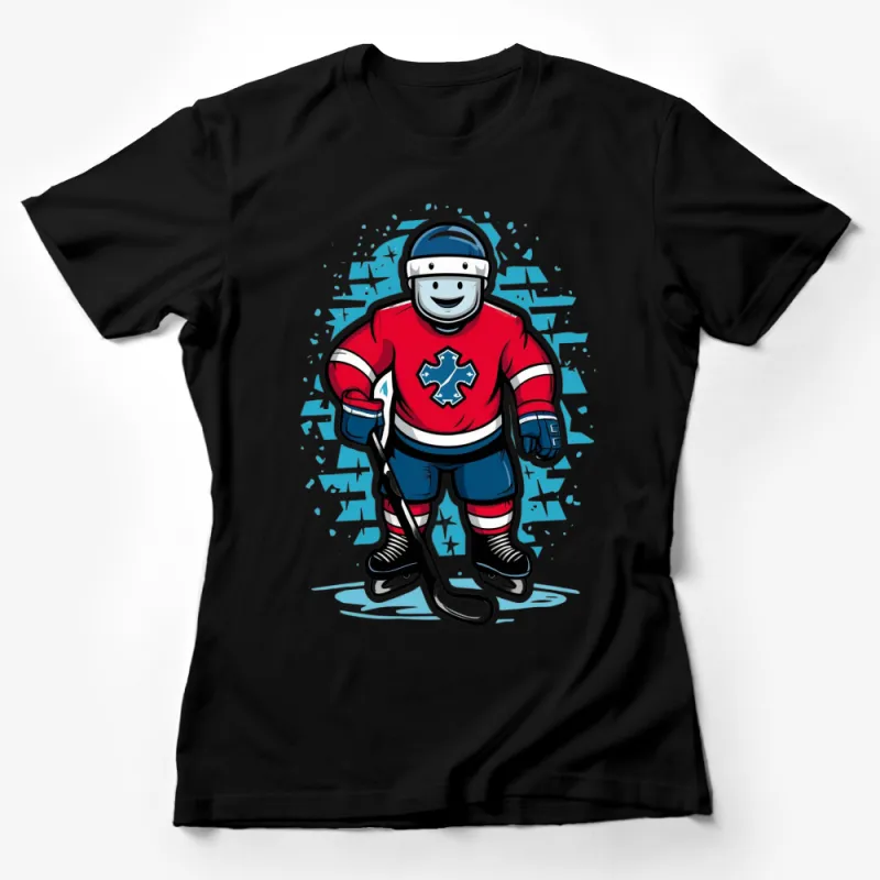 Cartoon Hockey Player T-Shirt, Kids Sports Tee, Red and Blue, Youth Athletic Apparel, Gift for Sports Lovers Female T-Shirt