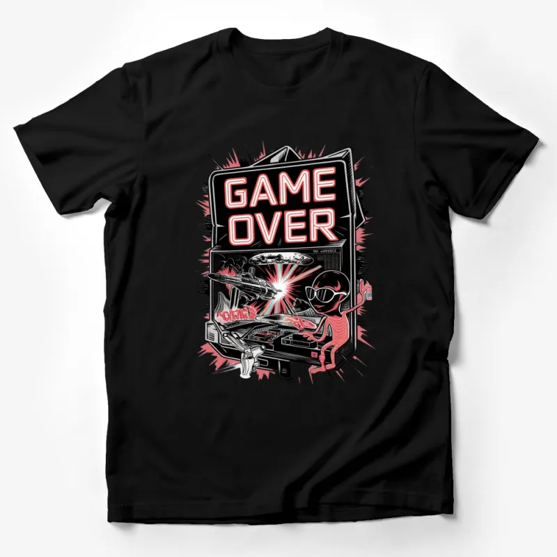 Game Over Retro Arcade T-Shirt, Vintage Gaming Graphic Tee, Neon Alien Design, Pinball Gamer Shirt Male T-Shirt