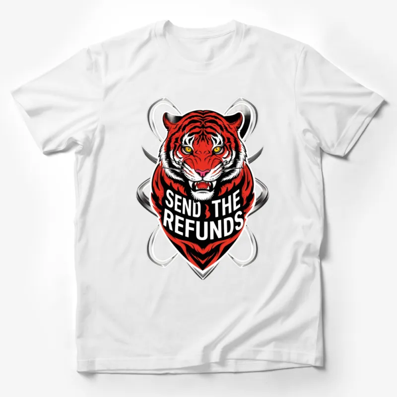 Bold Tiger Face T-Shirt, Send The Refunds Slogan, Red and White Graphic Tee, Unisex Male T-Shirt