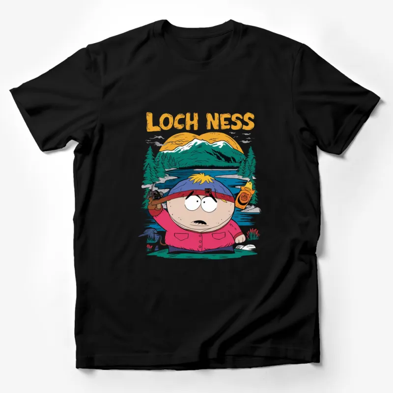 Loch Ness Monster Adventure Cartoon T-Shirt, Youthful Vibrant Graphic Tee, Unisex Male T-Shirt