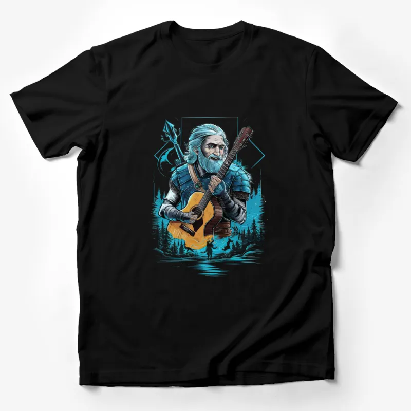 Vintage Musician T-Shirt, Illustrated Guitar Player in Forest, Cool Blue Artistic Tee for Music Lovers, Unique Design Male T-Shirt