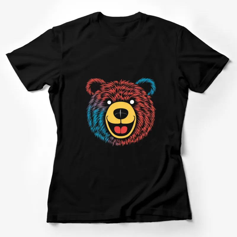 Colorful Bear Face T-Shirt, Abstract Art Style Bear Graphic Tee, Unique Animal Design Casual Top Female T-Shirt