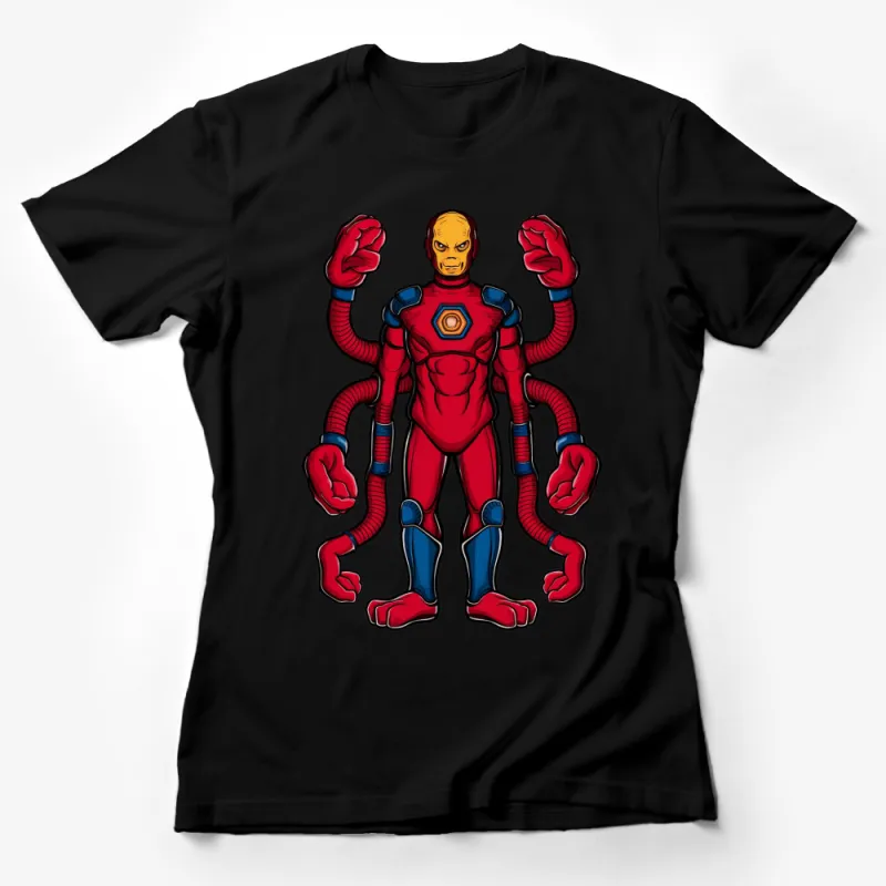 Unique Multi-Armed Superhero T-Shirt, Bold Red and Blue Graphic Tee, Comic Book Character Apparel Female T-Shirt