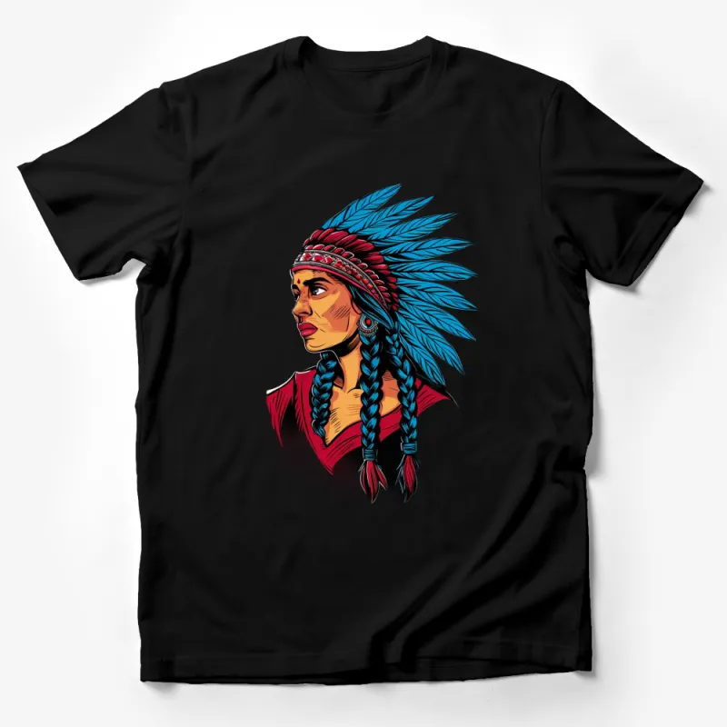 Native American Woman Headdress Art T-Shirt, Colorful Tribal Chief Portrait Tee, Unique Cultural Graphic Shirt Male T-Shirt