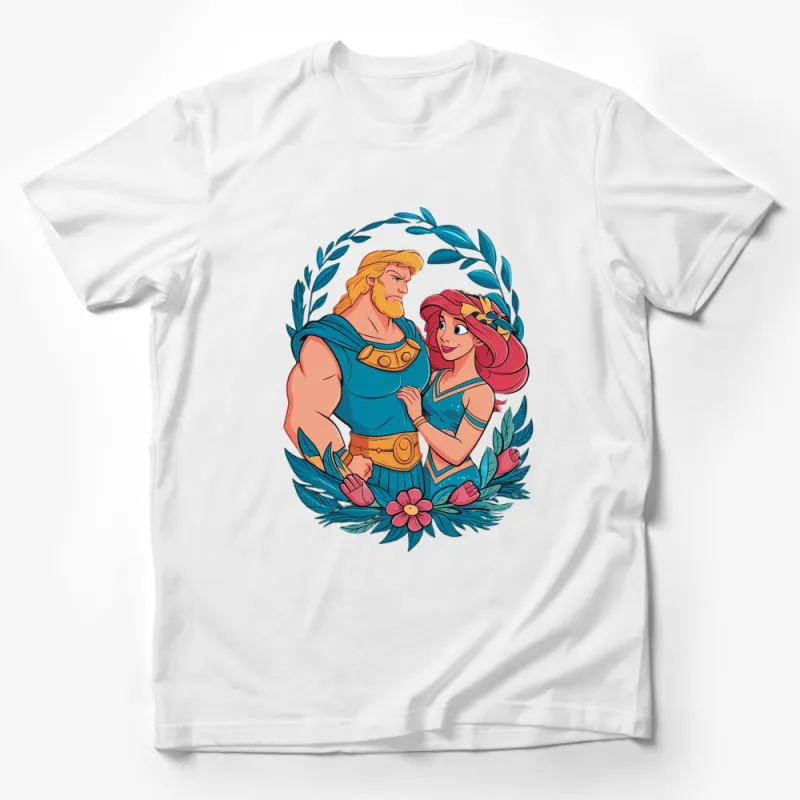 Mythical Couple T-Shirt, Cartoon Warriors in Love, Classic Style Illustration, Adult Tee Male T-Shirt