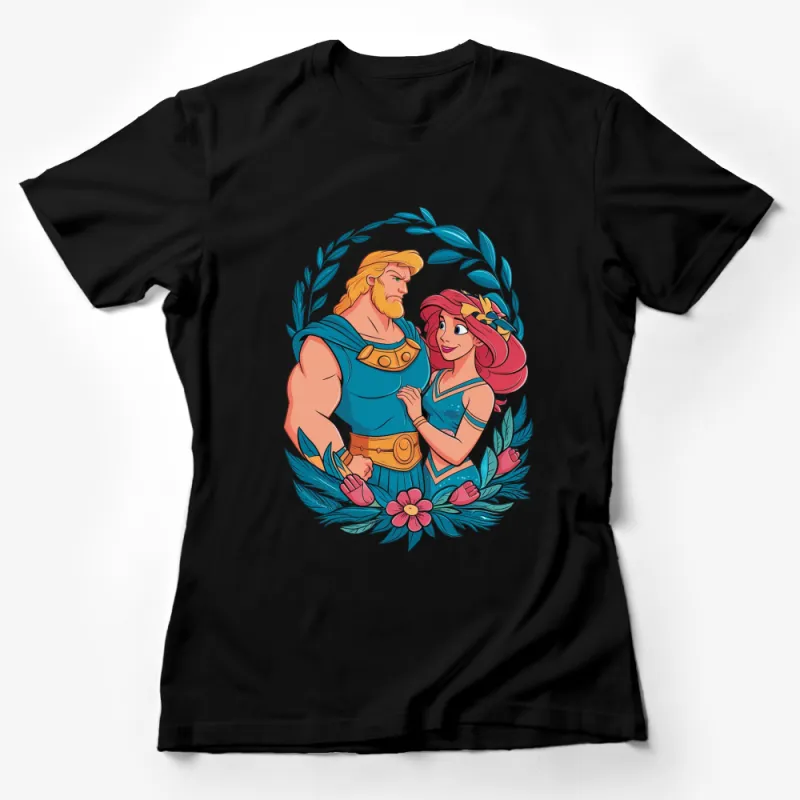 Mythical Couple T-Shirt, Cartoon Warriors in Love, Classic Style Illustration, Adult Tee Female T-Shirt