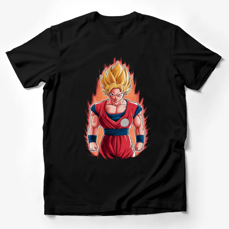 Super Saiyan Anime Warrior T-Shirt, Fiery Background, Bold Graphic Tee, Cartoon Character Shirt Male T-Shirt