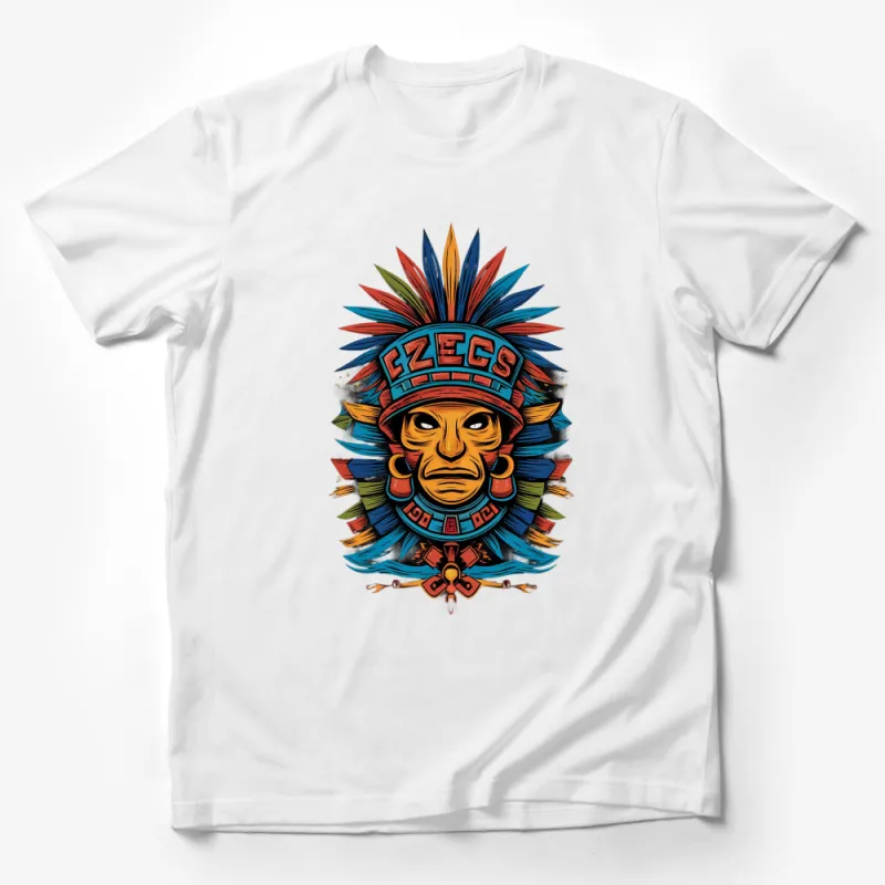 Vibrant Aztec Warrior Graphic T-Shirt, Tribal Chief Design, Colorful Cultural Art Tee, Unique Gift Male T-Shirt