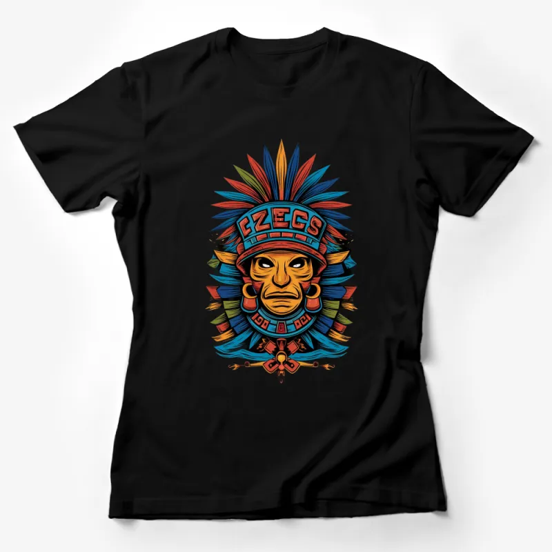 Vibrant Aztec Warrior Graphic T-Shirt, Tribal Chief Design, Colorful Cultural Art Tee, Unique Gift Female T-Shirt