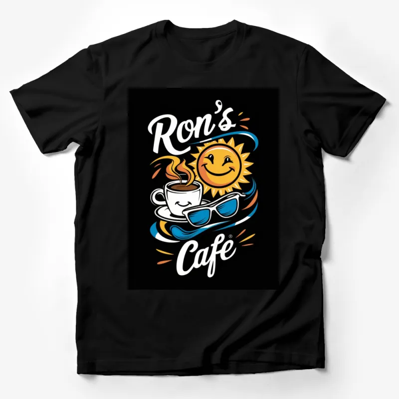 Ron's Cafe Vintage Style T-Shirt, Summer Sun and Coffee Cup Design, Retro Graphic Tee for Coffee Lovers Male T-Shirt