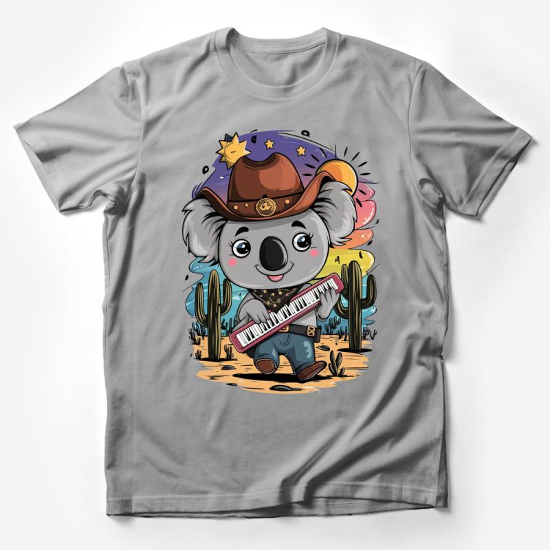 Cute Koala Cowboy Playing Keyboard T-Shirt, Kids Animal Musician Shirt, Whimsical Australian Theme Tee, Unisex Male T-Shirt