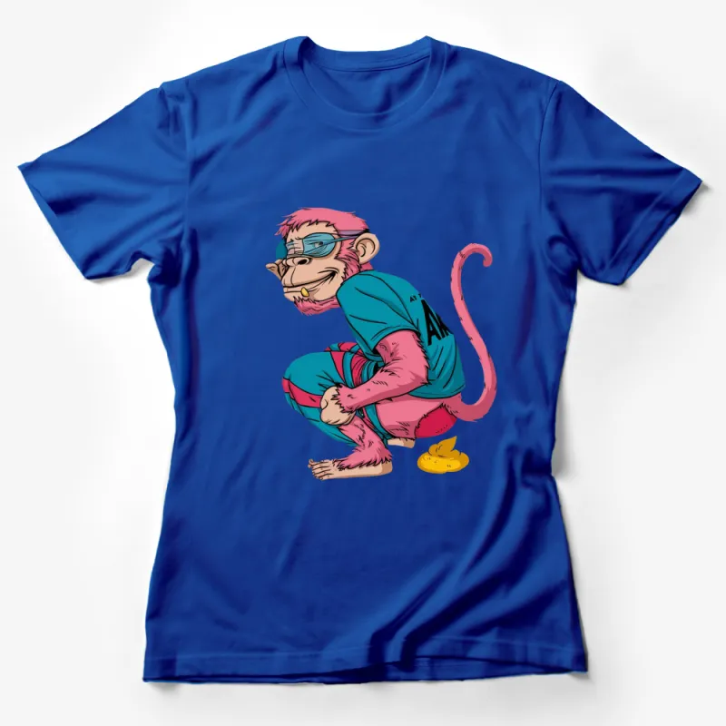 Funky Monkey T-Shirt, Cool Cartoon Primate with Glasses, Pink and Turquoise Tee Female T-Shirt