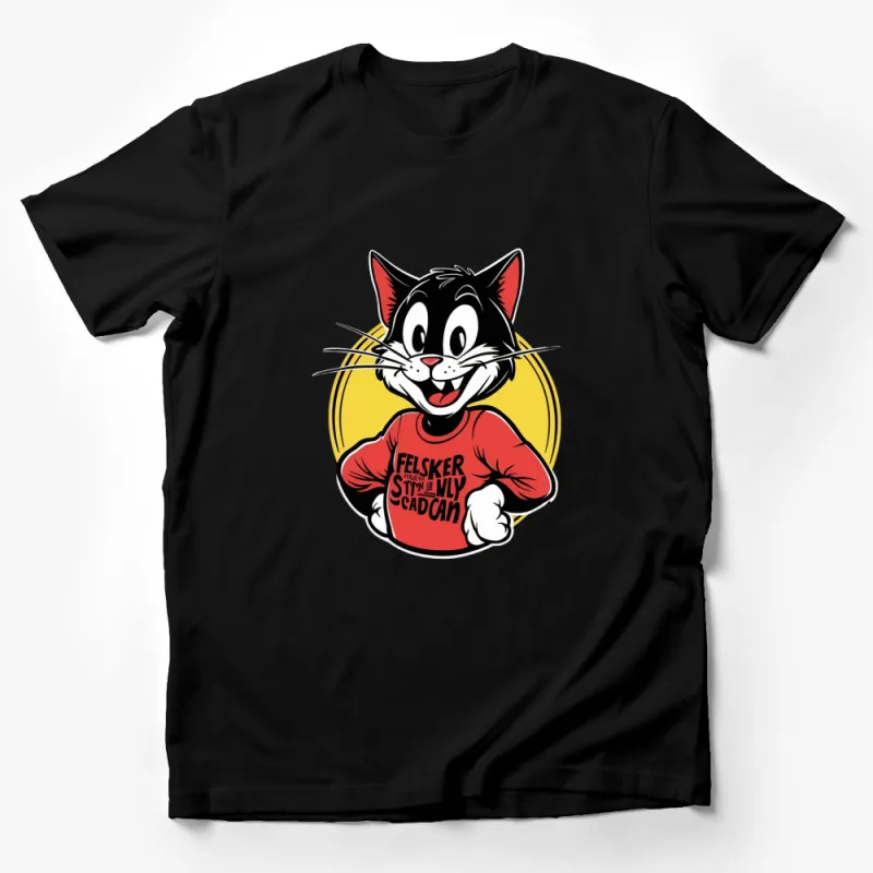 Cartoon Cat T-Shirt, Cute Smiling Cat in Red Shirt, Funny Feline Graphic Tee, Unisex Adult and Kids Sizes Male T-Shirt