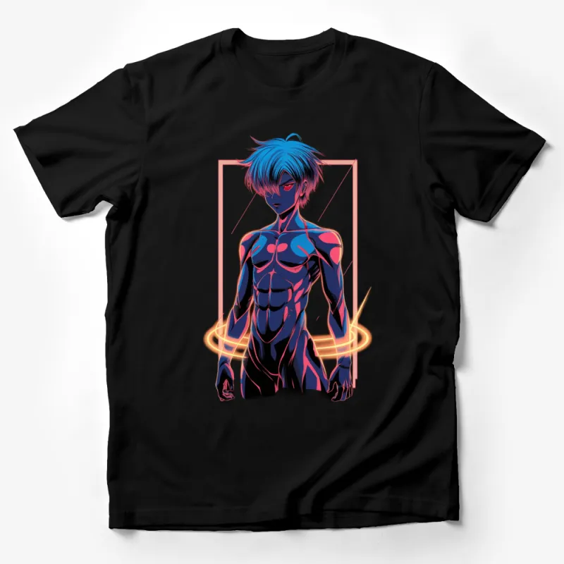 Vivid Blue Anime Character T-Shirt, Cool Futuristic Neon Graphic Tee, Unisex Manga Style Shirt Male T-Shirt