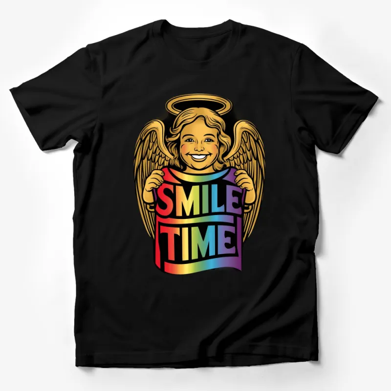 Colorful Smile Time Angel T-Shirt, Vintage Style Graphic Tee, Angel Wings and Halo Design Male T-Shirt