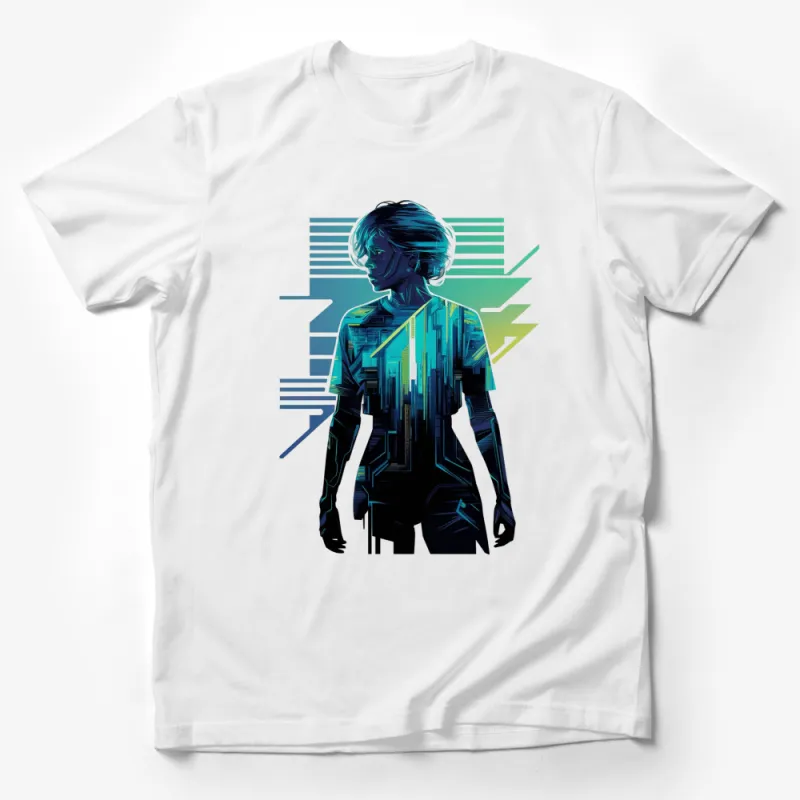 Cyberpunk Female Warrior Graphic T-Shirt, Neon Blue Futuristic Design, Urban Style Tee Male T-Shirt