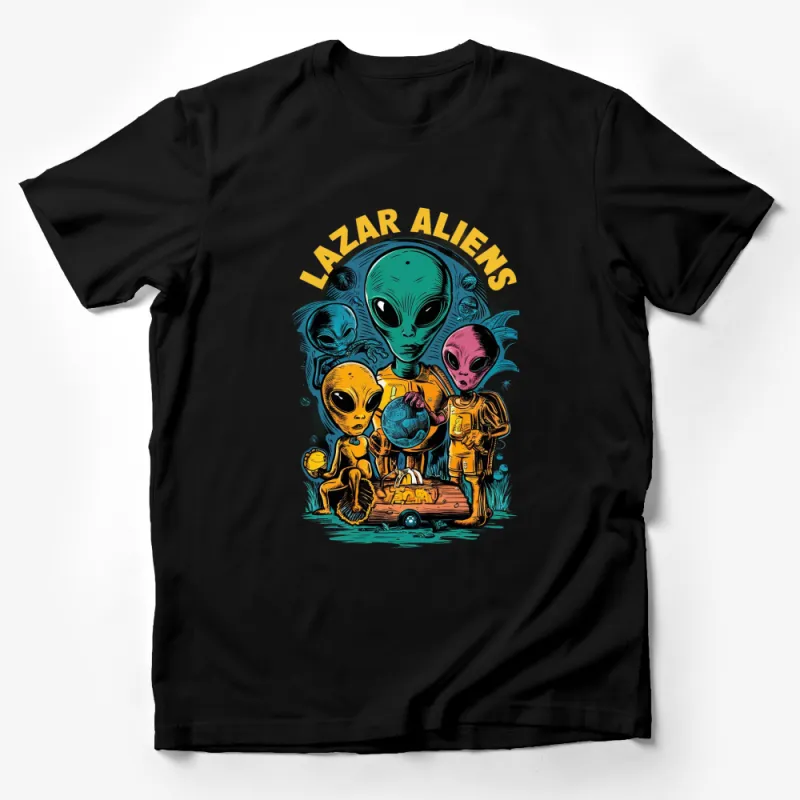 Alien Family T-Shirt, Cute Extraterrestrial Graphic Tee, Colorful Lazar Aliens Design, Unisex Apparel Male T-Shirt