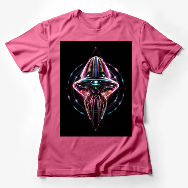 Alien Spaceship Glow in the Dark T-Shirt, Neon Galactic UFO Graphic Tee, Unisex Female T-Shirt