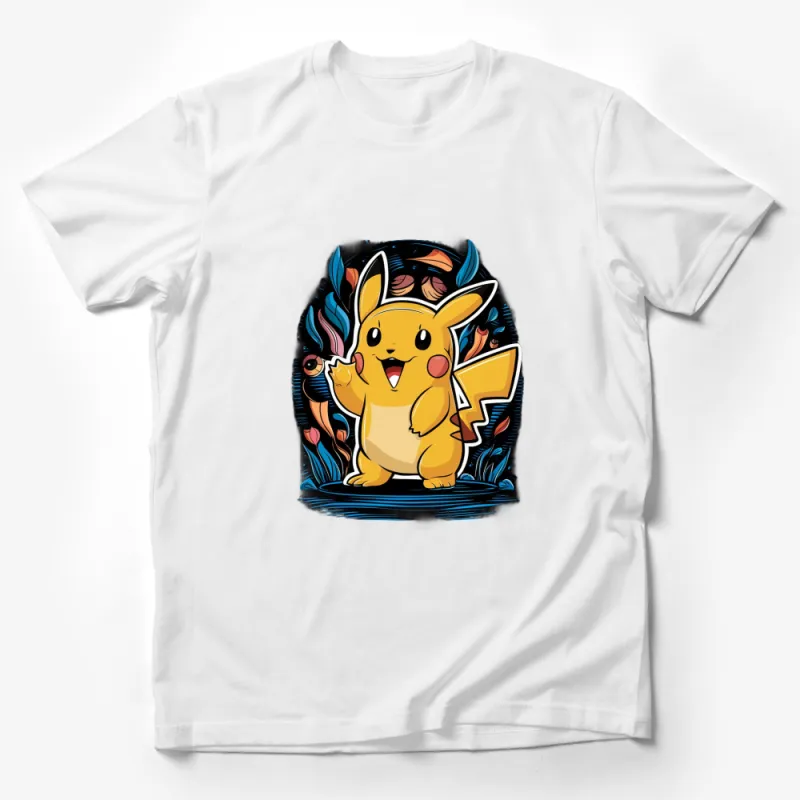 Cute Pikachu Cartoon T-Shirt, Colorful Feathers Graphic Tee, Fun Anime Apparel Male T-Shirt