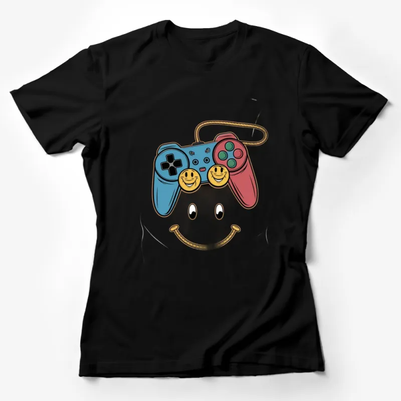 Fun Gamer T-Shirt with Colorful Controller and Smiley Face Design, Unique Gaming Apparel Female T-Shirt