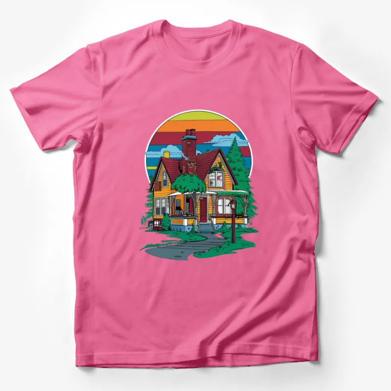 Vintage Style House T-Shirt, Colorful Victorian Home Graphic Tee, Unique Artistic Sunset Design, Unisex Male T-Shirt