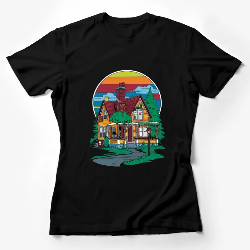 Vintage Style House T-Shirt, Colorful Victorian Home Graphic Tee, Unique Artistic Sunset Design, Unisex Female T-Shirt