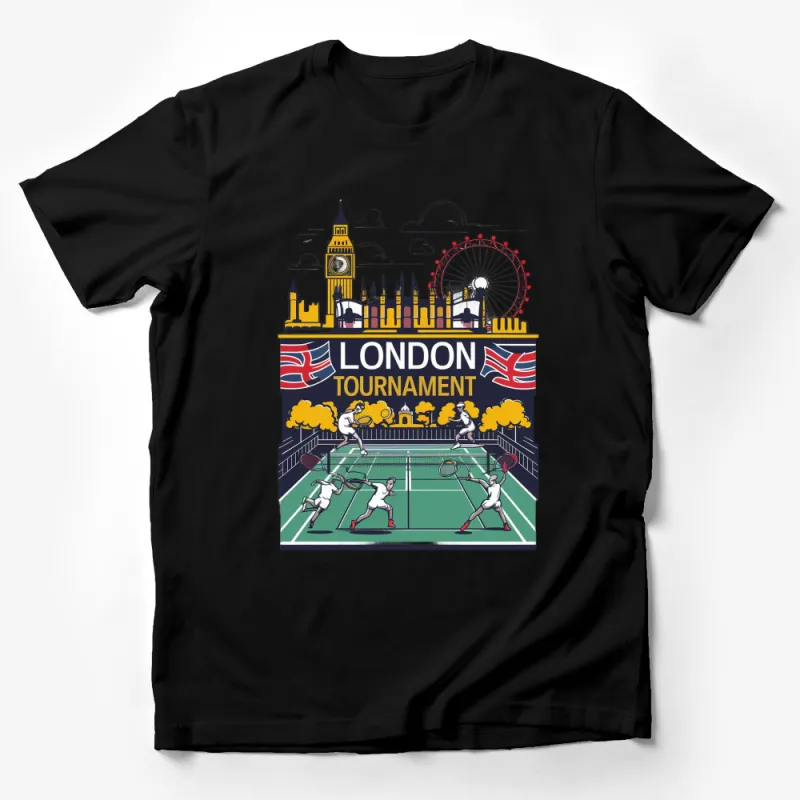 London Tournament Tennis Graphic T-Shirt - UK Flag, Big Ben, Eye, Unique Sports Tee Design Male T-Shirt