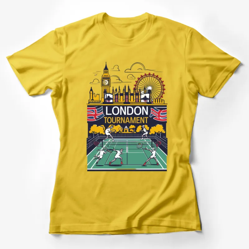 London Tournament Tennis Graphic T-Shirt - UK Flag, Big Ben, Eye, Unique Sports Tee Design Female T-Shirt