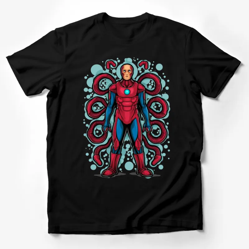 Octopus-Inspired Superhero Costume Design T-Shirt, Cool Red and Blue Hero Graphic Tee Male T-Shirt