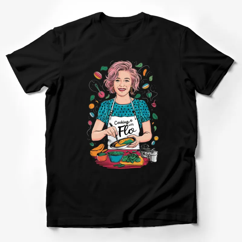 Colorful Cooking with Flo Chef Illustration T-Shirt, Kitchen Lover Tee, Fun Cooking Design Shirt, Gift for Cooks Male T-Shirt