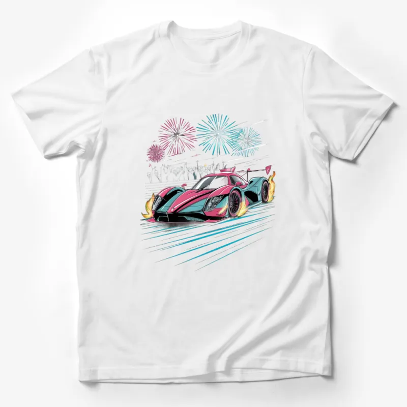 Colorful Race Car T-Shirt, Speeding Sports Car with Fireworks, Unisex Graphic Tee Male T-Shirt