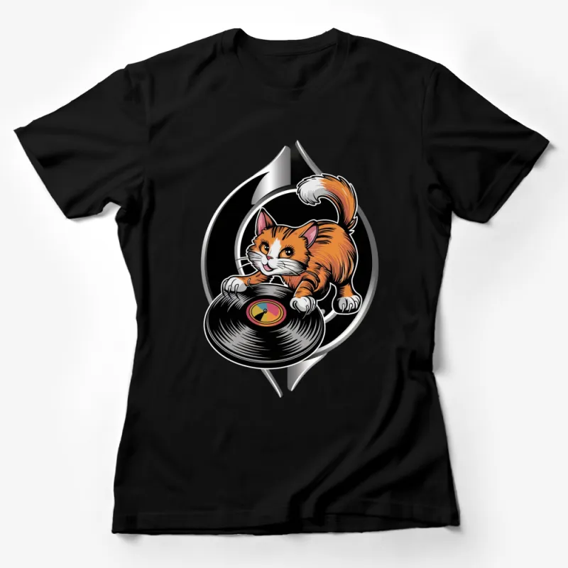 Cute Orange Cat DJ T-Shirt, Vinyl Record Music Lover Tee, Graphic Cat Shirt for Parties and Casual Wear Female T-Shirt