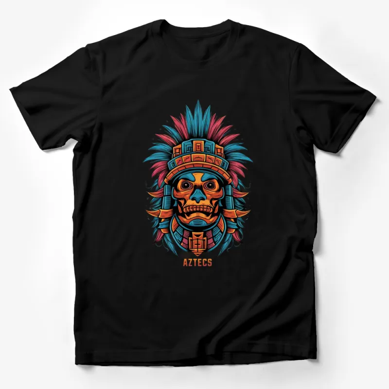 Aztec Warrior Skull Graphic T-Shirt, Colorful Tribal Design Tee, Aztecs Inspired Artwork, Unique Illustration Male T-Shirt