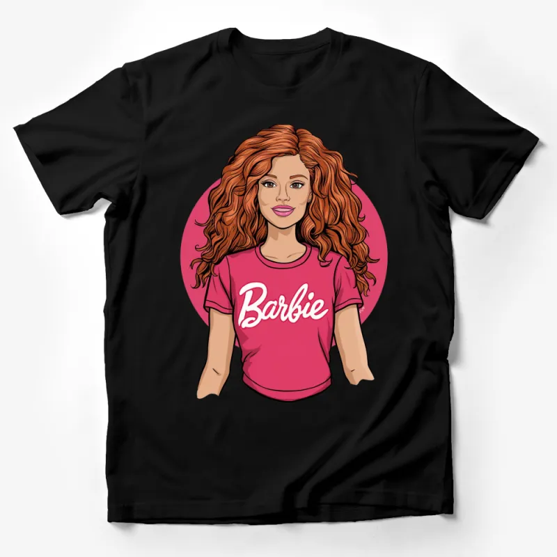 Barbie Inspired Graphic Tee, Feminine Pink T-Shirt, Trendy Girly Casual Top with Curly Hair Icon Male T-Shirt