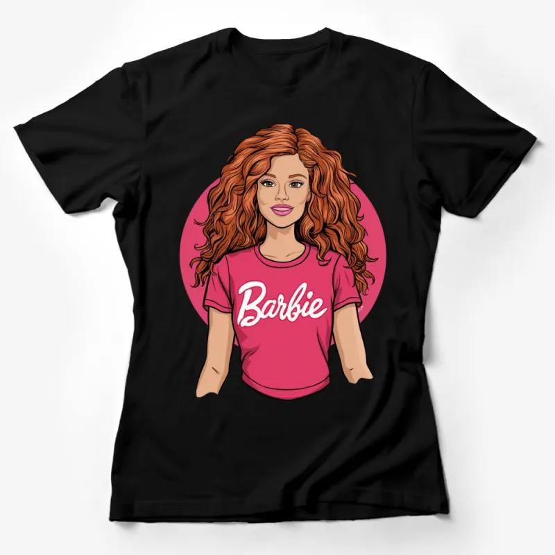 Barbie Inspired Graphic Tee, Feminine Pink T-Shirt, Trendy Girly Casual Top with Curly Hair Icon Female T-Shirt