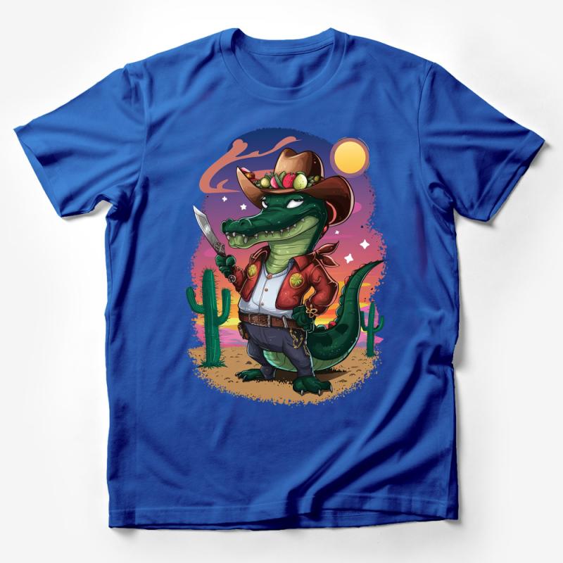 Western Cartoon Alligator Cowboy T-Shirt, Kids Fun Wild West Tee, Unisex Graphic Shirt, Unique Animal Design Top Male T-Shirt