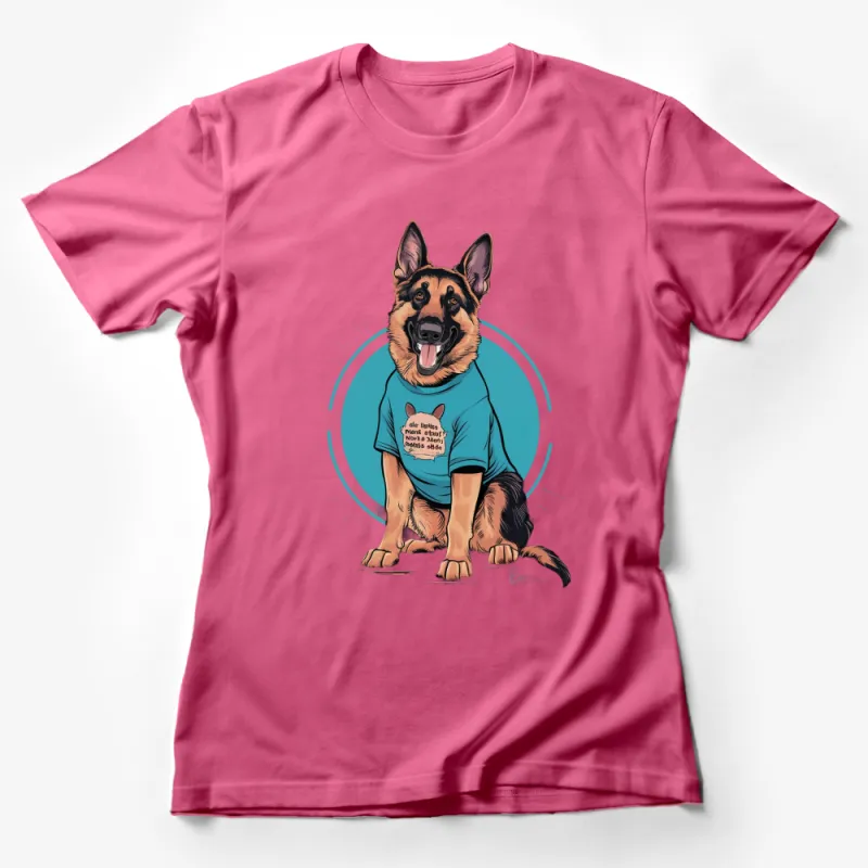 German Shepherd T-Shirt, Cute Dog Wearing Blue Shirt, Cartoon Style, Pet Lover Gift, Unisex Female T-Shirt