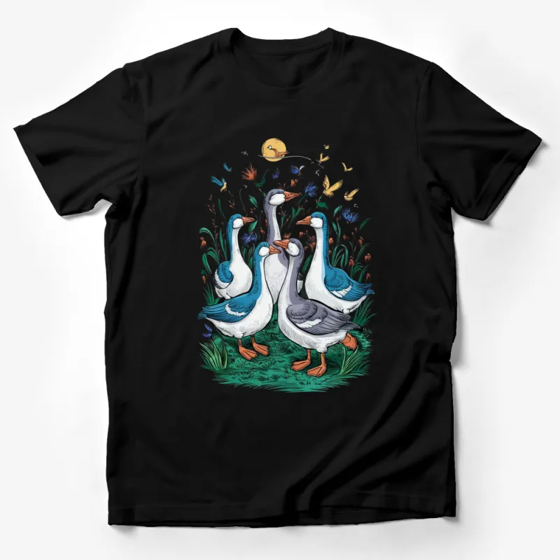 Whimsical Geese and Birds Nature Illustration T-Shirt, Colorful Artwork Tee for Bird Lovers Male T-Shirt