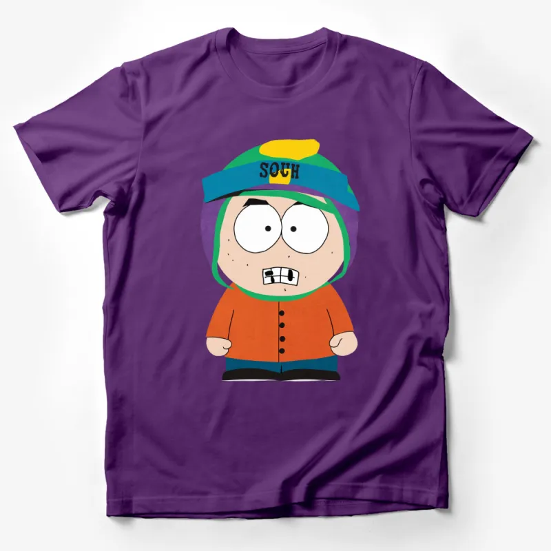 Cartoon Style Boy in Orange Jacket and Green Hat T-Shirt, Trendy Character Apparel Male T-Shirt