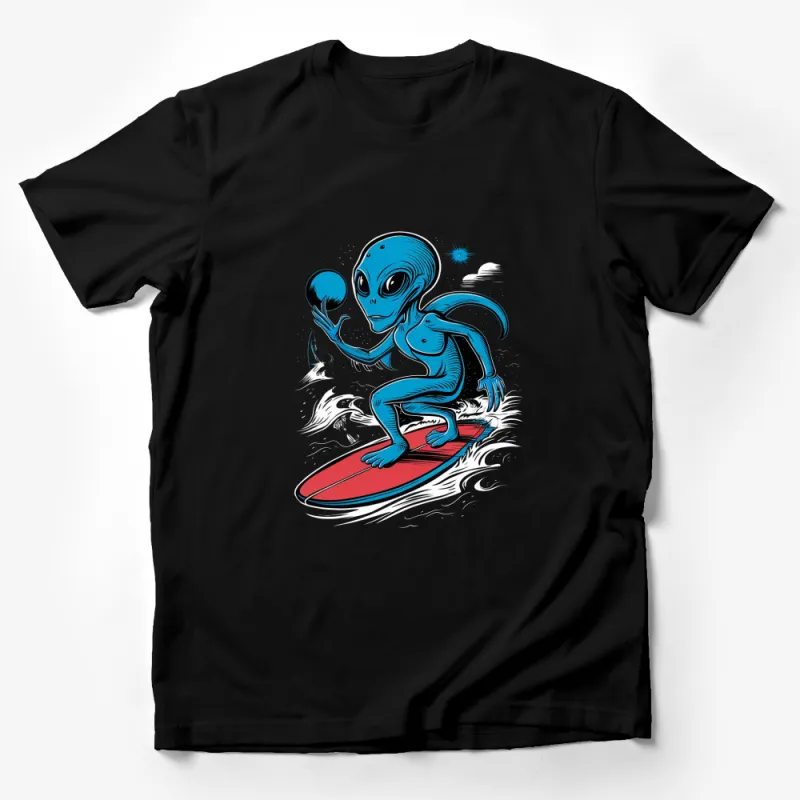 Alien Surfing T-Shirt, Cool Extraterrestrial Surfer Graphic Tee, Unique Space Theme Shirt, Unisex Apparel for All Ages Male T-Shirt