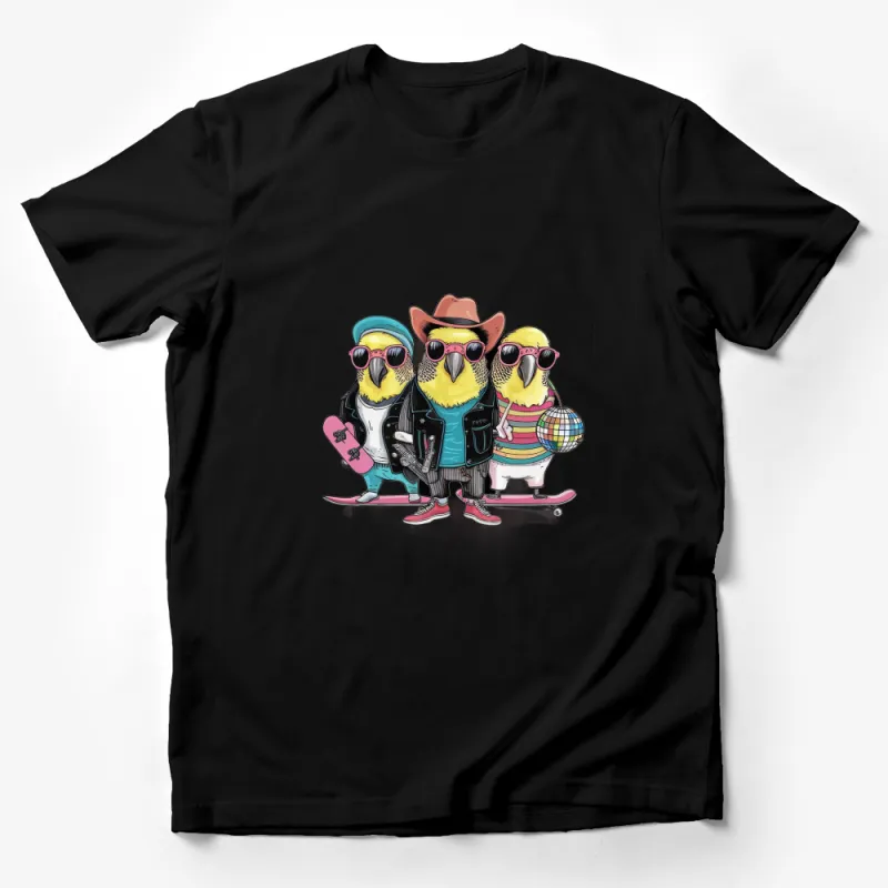 Cool Birds on Skateboards T-Shirt, Trendy Parrot with Sunglasses and Guitars, Unique Graphic Tee Male T-Shirt