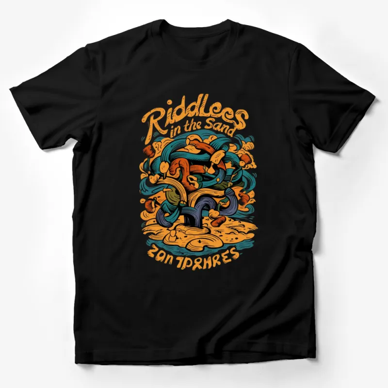 Riddles in the Sand Comic Style T-Shirt, Vibrant Graphic Tee, Unique Illustration Shirt Male T-Shirt